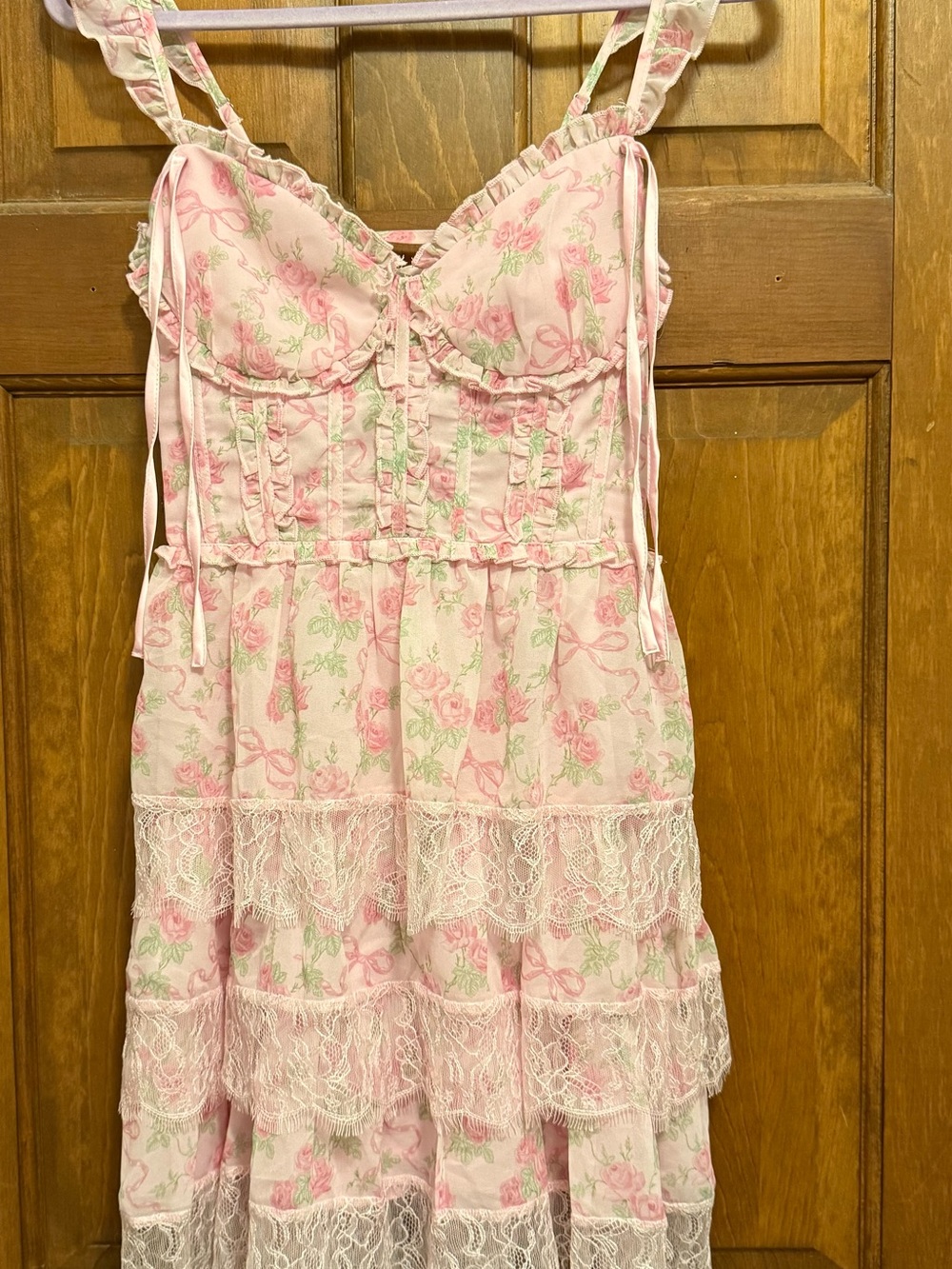 Altar'd State Pink Floral Lace Tiered Dress with Ruffled Straps